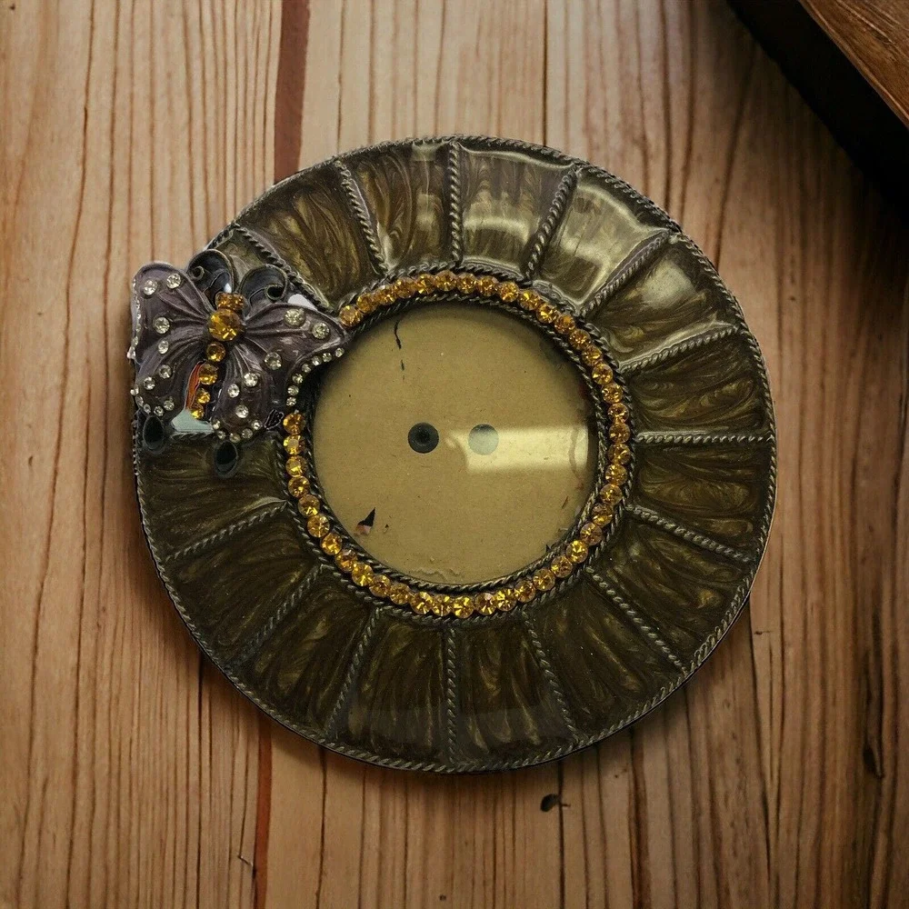 Butterfly Small 5” Photo Frame Round Tabletop‎ Glam Metal Epoxy Bling Glitter